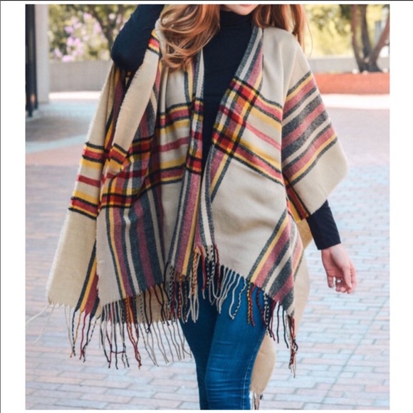 Plaid Open Sleeve Tassel Wrap Coverup Ruana Comfy - Picture 2 of 6